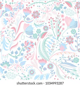 Floral seamless pattern. Hand drawn creative flowers. Colorful artistic background with blossom. Abstract herb. It can be used for wallpaper, textiles, wrapping, card. Vector illustration, eps10