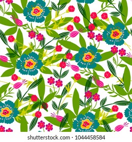 Floral seamless pattern. Hand drawn colorful flowers. White background. Vector illustration.