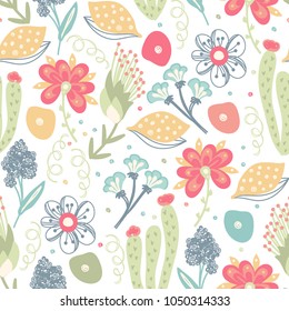 Floral seamless pattern. Hand drawn creative flowers. Colorful artistic background with blossom. Abstract herb. It can be used for wallpaper, textiles, wrapping, card. Vector illustration, eps10