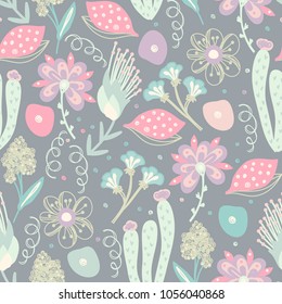 Floral seamless pattern. Hand drawn creative flowers. Colorful artistic background with blossom. Abstract herb. It can be used for wallpaper, textiles, wrapping, card. Vector illustration, eps10
