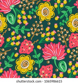 Floral seamless pattern. Hand drawn creative flowers. Colorful artistic background with blossom. Abstract herb. It can be used for wallpaper, textiles, wrapping, card. Vector illustration, eps10