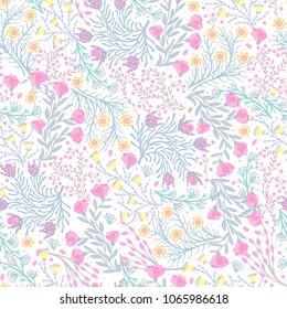 Floral seamless pattern. Hand drawn creative flowers. Colorful artistic background with blossom. Abstract herb. It can be used for wallpaper, textiles, wrapping, card. Vector illustration, eps10