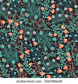 Floral seamless pattern. Hand drawn creative flowers. Colorful artistic background with blossom. Abstract herb. It can be used for wallpaper, textiles, wrapping, card. Vector illustration, eps10