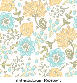Floral seamless pattern. Hand drawn creative flowers. Colorful artistic background with blossom. Abstract herb. It can be used for wallpaper, textiles, wrapping, card. Vector illustration, eps10