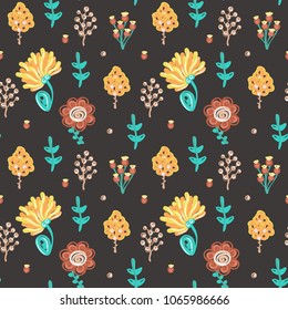 Floral seamless pattern. Hand drawn creative flowers. Colorful artistic background with blossom. Abstract herb. It can be used for wallpaper, textiles, wrapping, card. Vector illustration, eps10