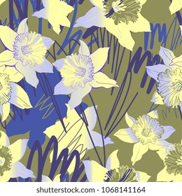 Floral seamless pattern with hand drawn spring flowers daffodils, narcissus. Colorful floral elements on green background. Vector Illustration