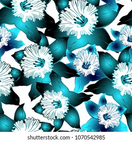 Floral seamless pattern with hand drawn spring flowers daffodils, narcissus. Colorful floral elements on light background. Vector Illustration
