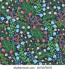 Floral seamless pattern. Hand drawn creative flowers. Colorful artistic background with blossom. Abstract herb. It can be used for wallpaper, textiles, wrapping, card. Vector illustration, eps10