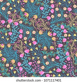 Floral seamless pattern. Hand drawn creative flowers. Colorful artistic background with blossom. Abstract herb. It can be used for wallpaper, textiles, wrapping, card. Vector illustration, eps10