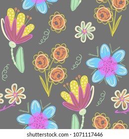 Floral seamless pattern. Hand drawn creative flowers. Colorful artistic background with blossom. Abstract herb. It can be used for wallpaper, textiles, wrapping, card. Vector illustration, eps10