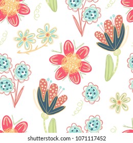  Patrón floral sin fisuras. Flores creativas dibujadas a mano. Colorido fondo artístico con florecimiento. Hierba abstracta. Se puede utilizar para papel pintado, textiles, envoltura, tarjeta. Ilustración vectorial, eps10