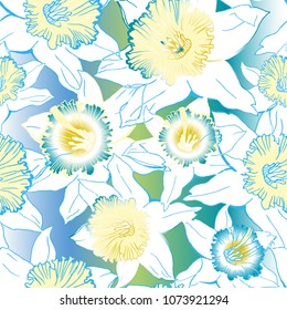 Floral seamless pattern with hand drawn spring flowers daffodils, narcissus. Colorful floral elements on light gradient background. Vector Illustration