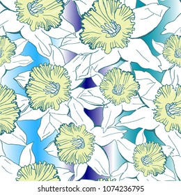 Floral seamless pattern with hand drawn spring flowers daffodils, narcissus. Colorful floral elements on light gradient background. Vector Illustration