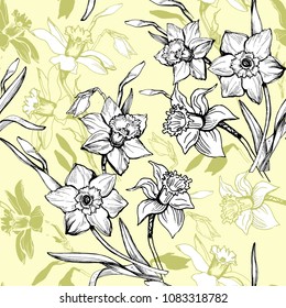  Floral seamless pattern with hand drawn  flowers daffodils,narcissus. Monochrome floral elements on light background. Vector Illustration