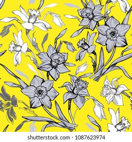 Floral seamless pattern with hand drawn  flowers daffodils, narcissus. Grey floral elements on yellow background. Vector Illustration