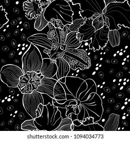 Floral seamless pattern with hand drawn different orchids on a black background. Vector  monochrome illustration. 
