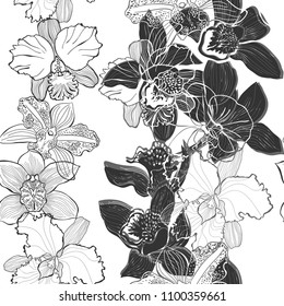 Floral seamless pattern with hand drawn different orchids. Vector black and white illustration. 