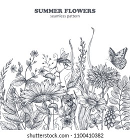 Floral seamless pattern with hand drawn poppy flowers and leaves