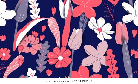 Floral seamless pattern, hand drawn flowers and plants in blue and red tones