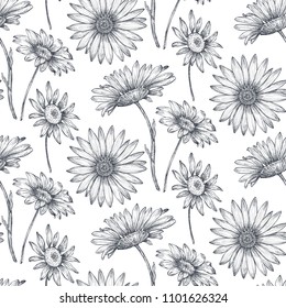 Floral sin fisuras con flores y hojas de amapola dibujadas a mano.