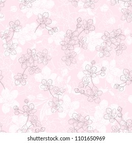 Nahtloses Blumenmuster mit handgezeichneten Kirschblumen auf rosafarbenem Hintergrund. Vektorgrafik.