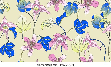 Floral seamless pattern, hand drawn Clematis alpina flowers and leaves on light yellow background, pink and blue tones