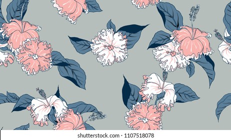 Floral seamless pattern, hand drawn hibiscus flowers and leaves on light blue background, pink and blue tones