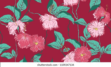 Floral seamless pattern, hand drawn hibiscus flowers and leaves on pink background, pink and green tones