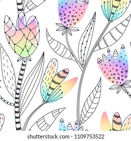 Floral seamless pattern. Hand drawn abstract gradient flowers with doodle decoration. Colorful artistic design. It can be used for wallpaper, textiles, wrapping, card. Vector illustration, eps10