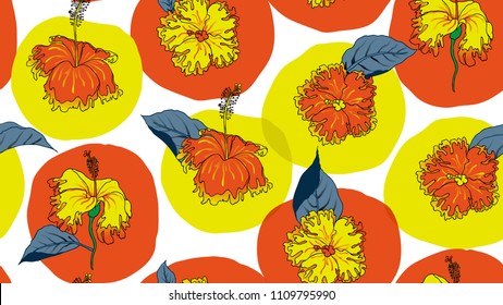 Floral seamless pattern, hand drawn hibiscus flowers and leaves in circle shape on white background, yellow and orange tones