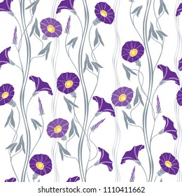 Floral seamless pattern with hand drawn bindweed flowers on a white background. Vector illustration.
