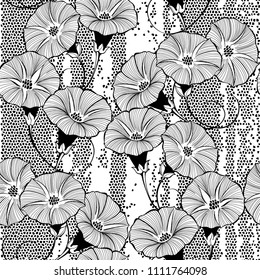 Floral seamless pattern with hand drawn bindweed flowers on a textured background. Vector black and white illustration.
