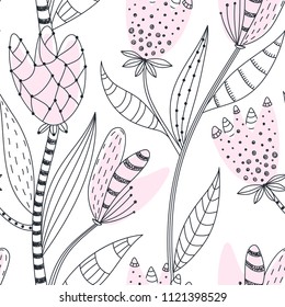 Floral seamless pattern. Hand drawn creative abstract flowers with doodle decoration. Colorful artistic design. It can be used for wallpaper, textiles, wrapping, card. Vector illustration, eps10