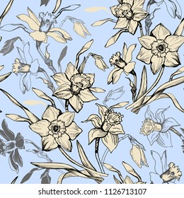 Floral seamless pattern with hand drawn flowers daffodils, narcissus. Pastel floral elements on light background. Vector Illustration