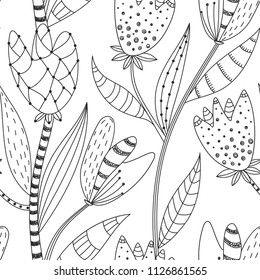 Floral seamless pattern. Hand drawn creative abstract flowers with doodle decoration. Artistic design. It can be used for wallpaper, textiles, wrapping, card. Vector illustration, eps10