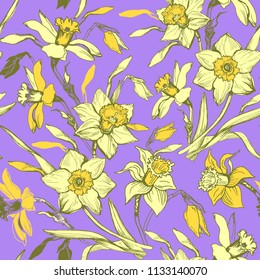 Floral seamless pattern with hand drawn flowers daffodils, narcissus. Yellow floral elements on light violet background. Vector Illustration