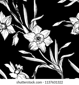 Floral seamless pattern with hand drawn flowers daffodils, narcissus. Monochrome floral elements on black background. Design for textile, fabric, wallpaper, packaging.Vector Illustration