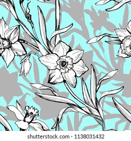 Floral seamless pattern with hand drawn flowers daffodils, narcissus. Monochrome floral elements on color background. Design for textile, fabric, wallpaper, packaging.Vector Illustration.