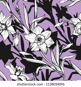 Floral seamless pattern with hand drawn flowers daffodils, narcissus. Monochrome floral elements on color background. Design for textile, fabric, wallpaper, packaging.Vector Illustration.