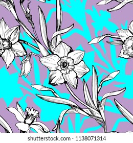 Floral seamless pattern with hand drawn flowers daffodils, narcissus. Monochrome floral elements on color background. Design for textile, fabric, wallpaper, packaging.Vector Illustration.