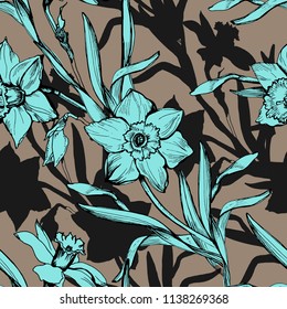 Floral seamless pattern with hand drawn flowers daffodils, narcissus. Bright floral elements on dark background. Design for textile, fabric, wallpaper, packaging.Vector Illustration.