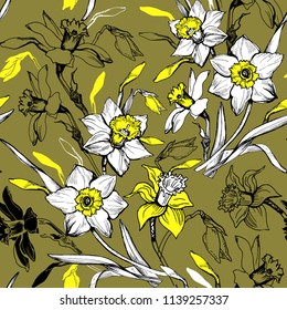 Floral seamless pattern with hand drawn  flowers daffodils,narcissus. Monochrome floral elements on yellow background. Design for textile, fabric,wallpaper, packaging.Vector Illustration