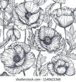 Floral seamless pattern with hand drawn poppy flowers and leaves. Monochrome vector illustration in sketch style