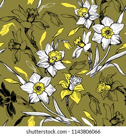 Floral seamless pattern with hand drawn  flowers daffodils,narcissus. Monochrome floral elements on yellow background. Design for textile, fabric,wallpaper, packaging.Vector Illustration