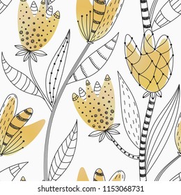 Floral seamless pattern. Hand drawn abstract gradient flowers with doodle decoration. Colorful artistic design. It can be used for wallpaper, textiles, wrapping, card. Vector illustration, eps10