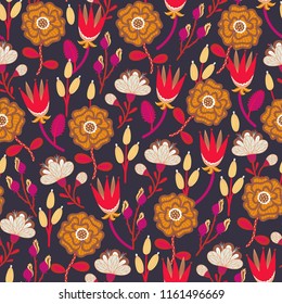 Floral seamless pattern. Hand drawn creative flowers. Colorful artistic background with blossom. Abstract herb. It can be used for wallpaper, textiles, wrapping, card, print on clothes. Vector, eps10