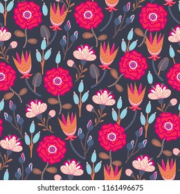 Floral seamless pattern. Hand drawn creative flowers. Colorful artistic background with blossom. Abstract herb. It can be used for wallpaper, textiles, wrapping, card, print on clothes. Vector, eps10
