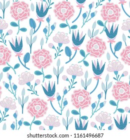 Floral seamless pattern. Hand drawn creative flowers. Colorful artistic background with blossom. Abstract herb. It can be used for wallpaper, textiles, wrapping, card, print on clothes. Vector, eps10