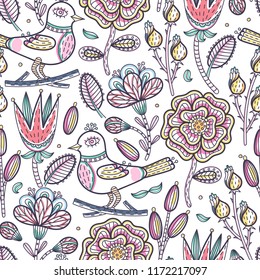 Floral seamless pattern. Hand drawn abstract creative flowers and bird with stroke. Colorful artistic background with blossom. Wallpaper, textiles, wrapping, card, print on clothes. Vector, eps10