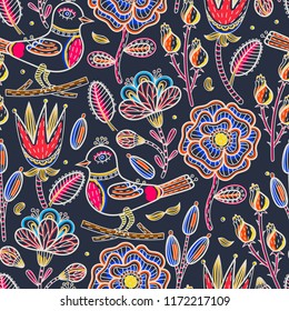 Floral seamless pattern. Hand drawn abstract creative flowers and bird with stroke. Colorful artistic background with blossom. Wallpaper, textiles, wrapping, card, print on clothes. Vector, eps10